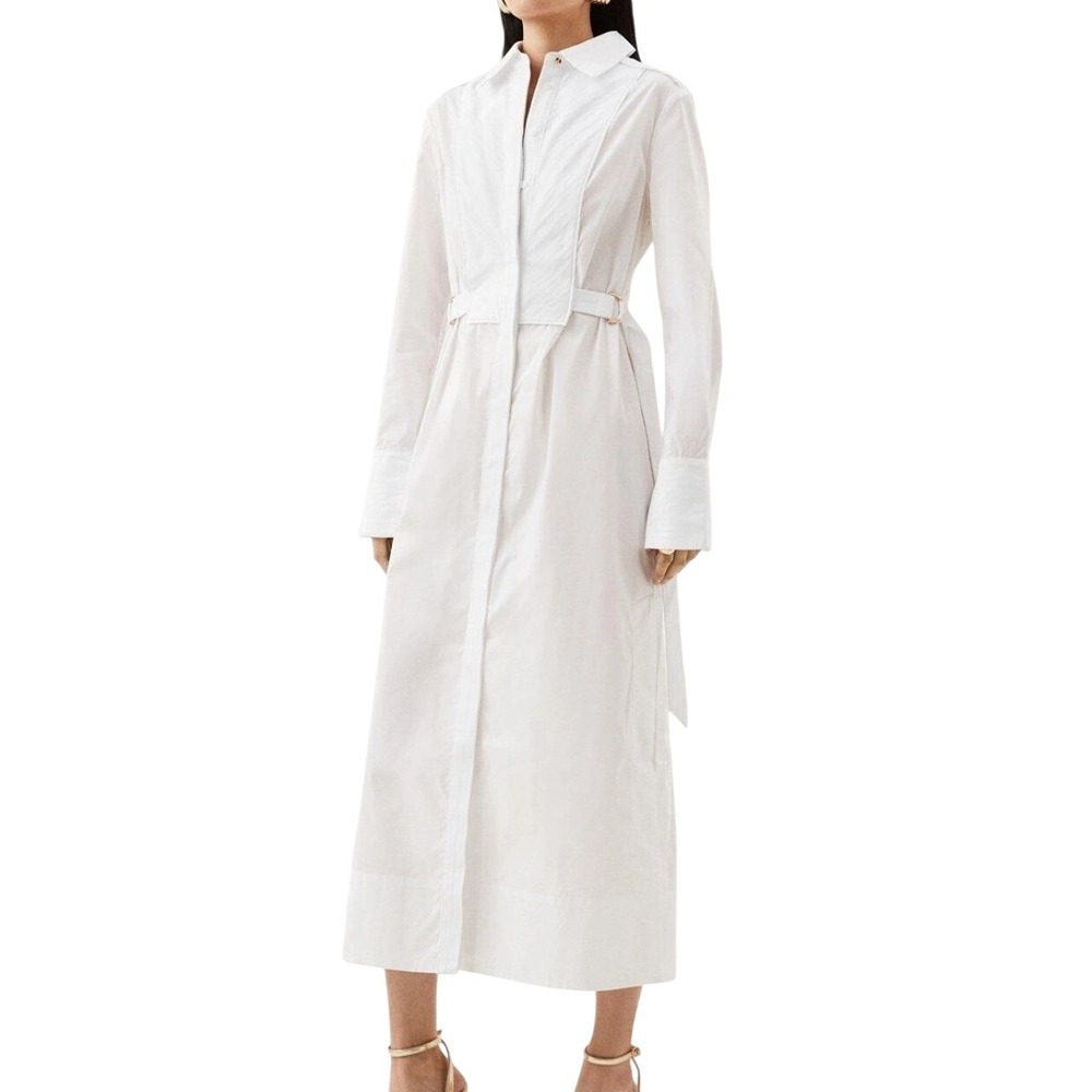 Karen Millen White Cotton Maxi Shirt Dress Long Sleeve Belted US 8 UK 12 EUR 40